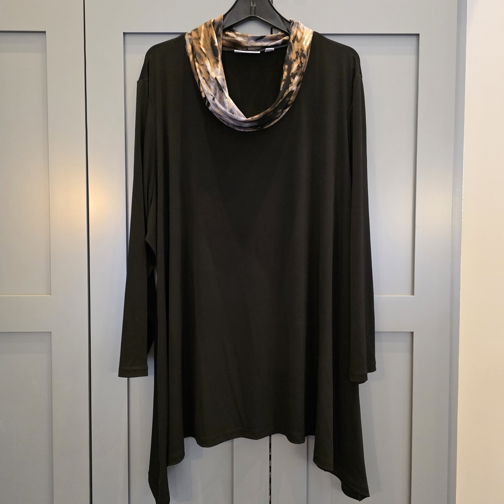 Susan Graver Black Liquid Knit Animal Print Cowl Neck Top Womens 3X Lagenlook